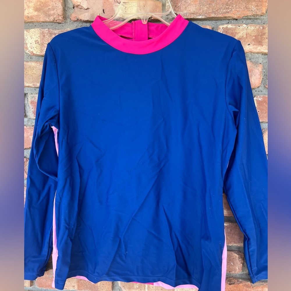 Modli Long Sleeve Blue and Pink work out Shirt with zipper in back. 82% nylon